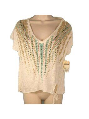 Mudd V-neck Top T-Shirt Beaded Women Size S Cream Multicolor Short Sleeve NEW